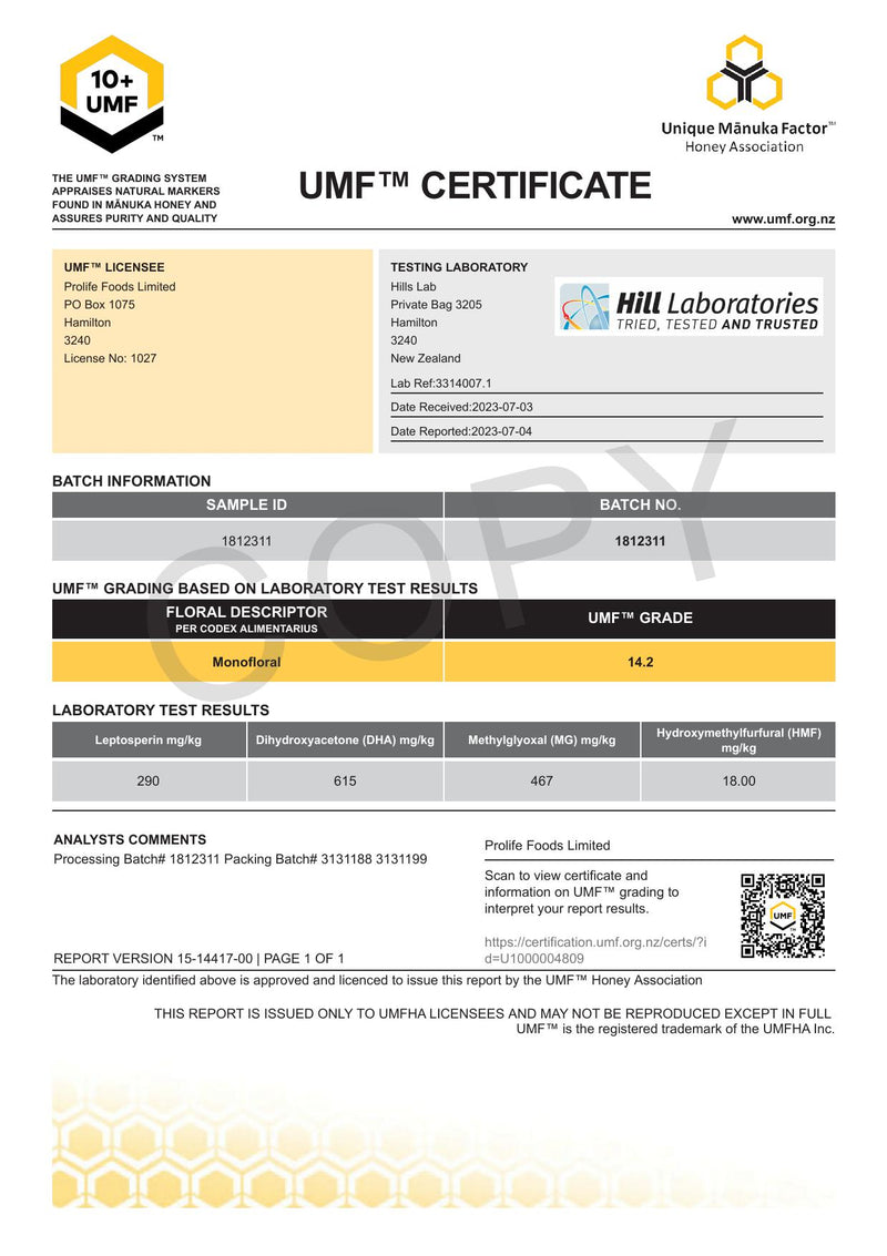 HADDRELLS Manuka Honey UMF 10+, 1 kg (test results UMF 14+)