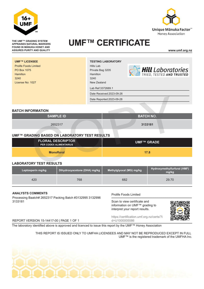 HADDRELLS Manuka Honey UMF 16+, MGO 682 mg/kg, 500g