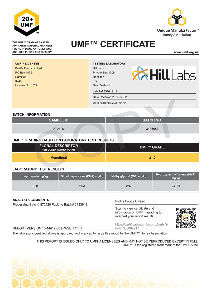 HADDRELLS Manuka Honey UMF 20+, MGO 897 mg/kg, 500g