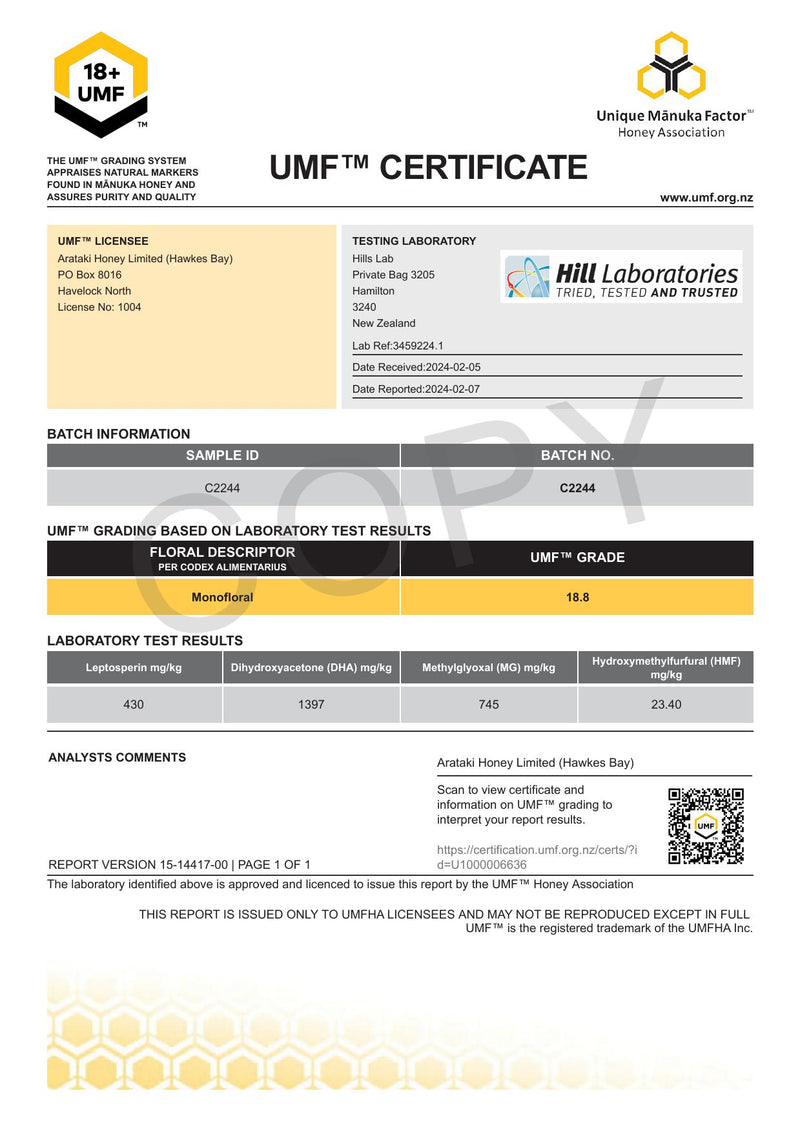 ARATAKI Manuka Honey UMF 18+, MGO 693 mg/kg, 500g